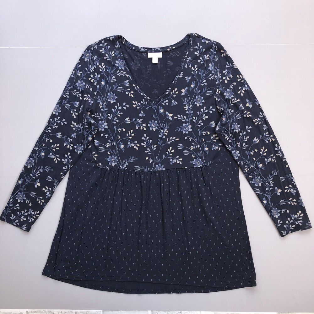 J. Jill Women Large Blue Floral Baby Doll Peplum Tunic Top Cottagecore Flowy